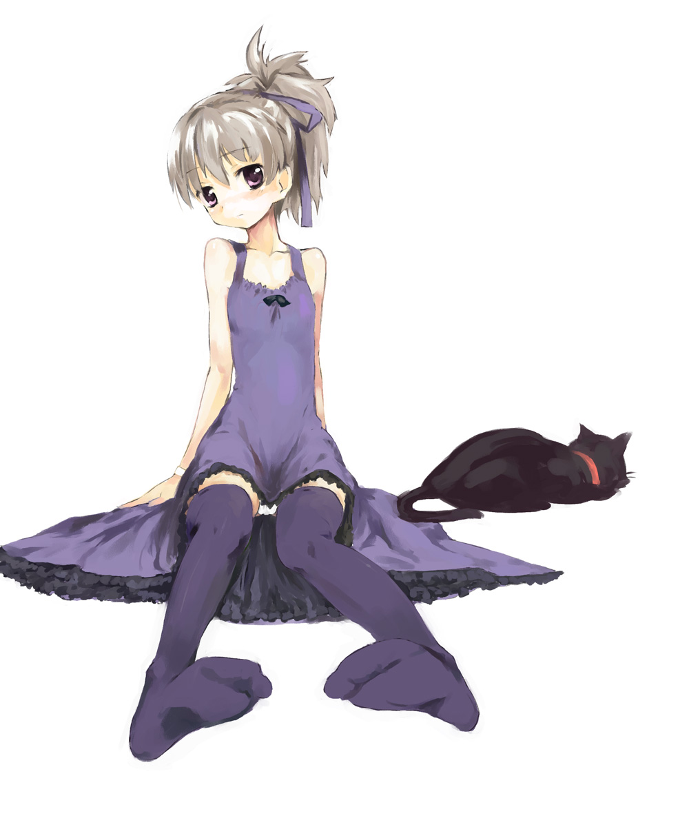 u (the unko), mao (darker than black), yin (darker than black), darker than black, silver hair, highres, 00s, 1girl, aged down, black cat, cat, child, dress, feet, female focus, hair ribbon, panties, pantyshot, ponytail, purple dress, ribbon, simple background, solo, thighhighs, underwear, white background, zettai ryouiki