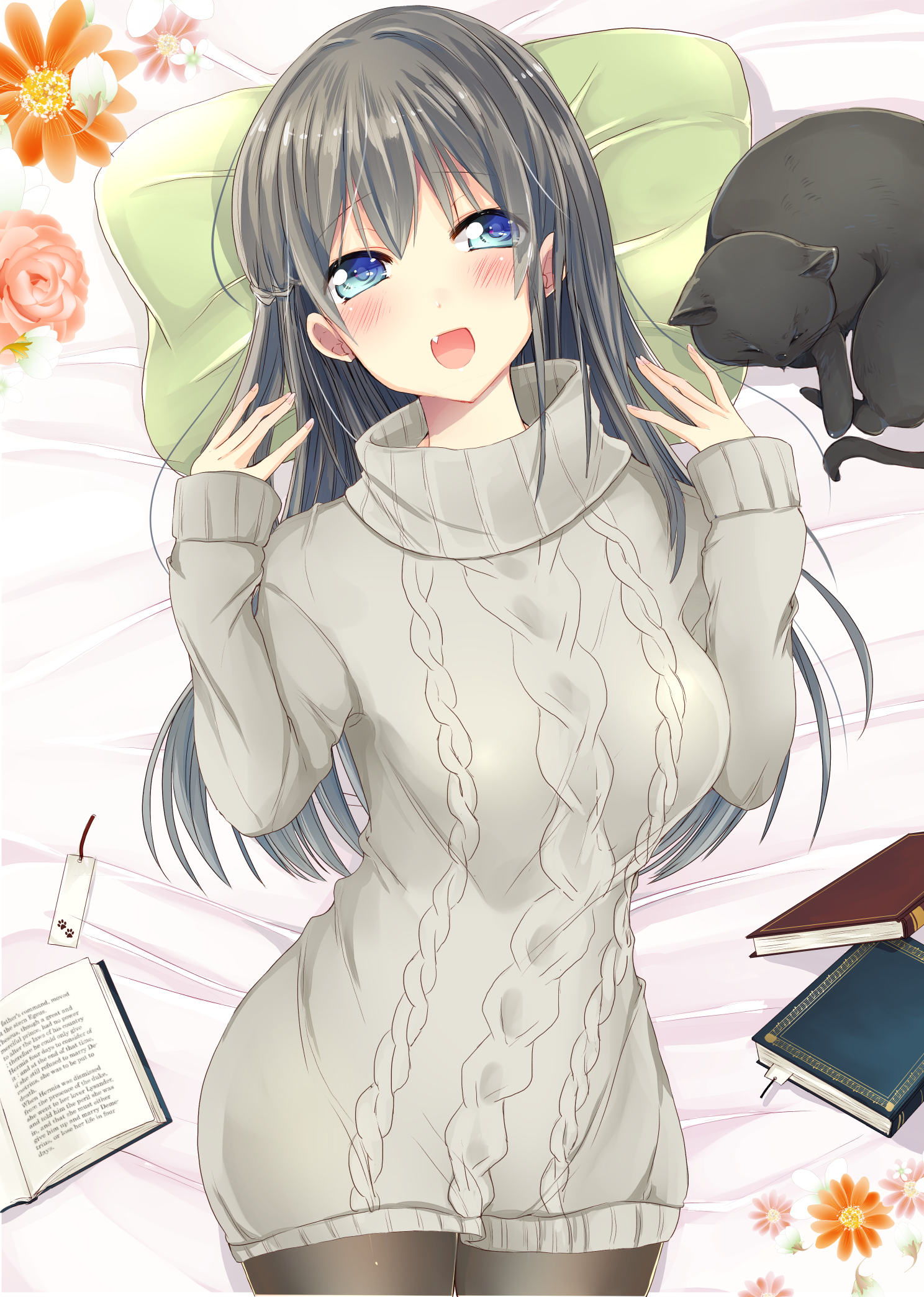 bunsai, original, highres, 1girl, :d, black cat, black pantyhose, blue eyes, blush, book, bookmark, cat, flower, grey sweater, hands up, long hair, long sleeves, on bed, open book, open mouth, pantyhose, pillow, smile, sweater, very long hair