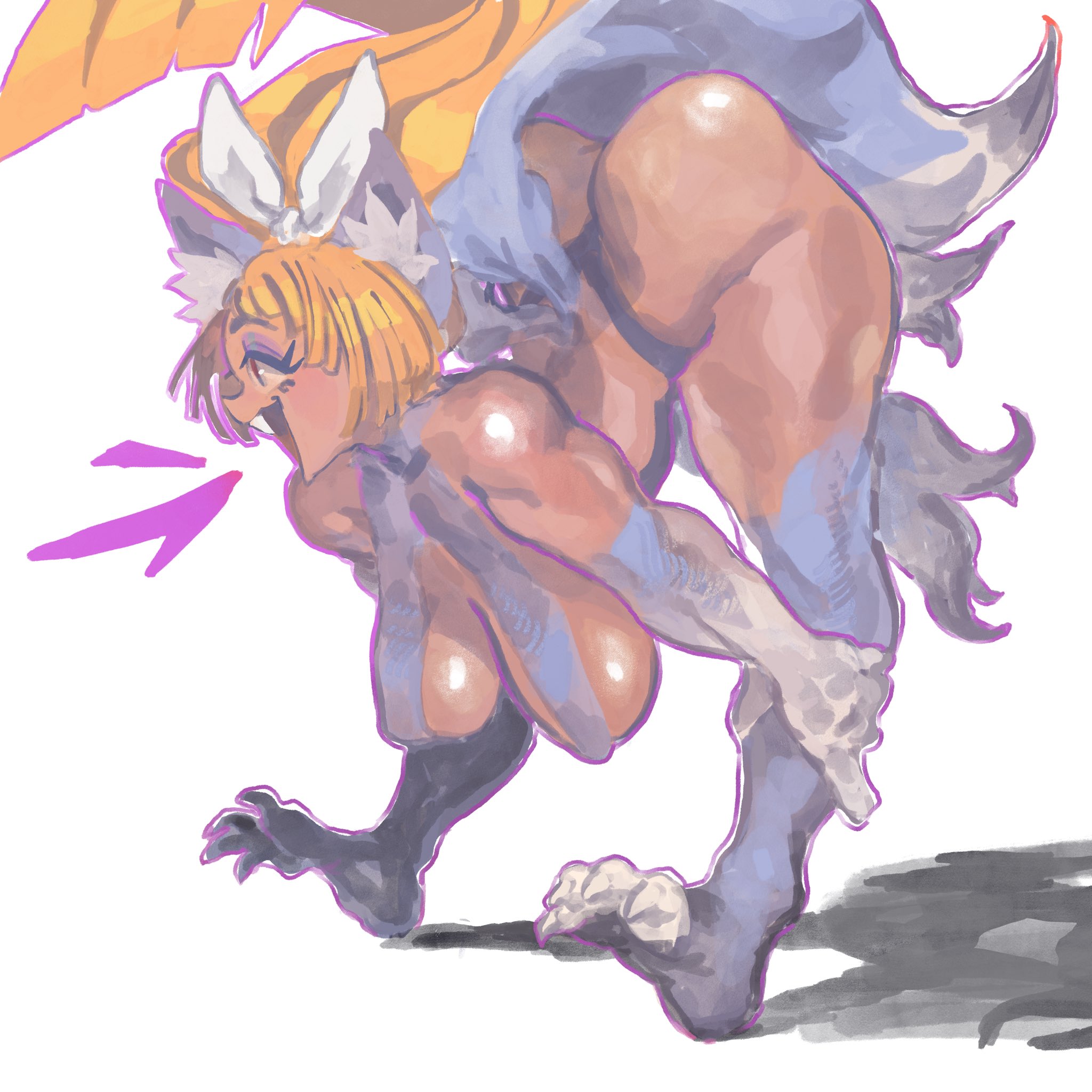 keziedra, nekomata (disgaea), disgaea, frontbend, highres, 1girl, animal ear fluff, animal ears, animal hands, ass, bare shoulders, bent over, blonde hair, body fur, breasts, cat ears, cat girl, cat tail, claws, dark-skinned female, dark skin, eyelashes, eyeshadow, fangs, full body, large breasts, long hair, makeup, open mouth, outline, ponytail, profile, purple eyeshadow, purple outline, red eyes, smile, solo, standing, tail, toned, toned female, top-down bottom-up