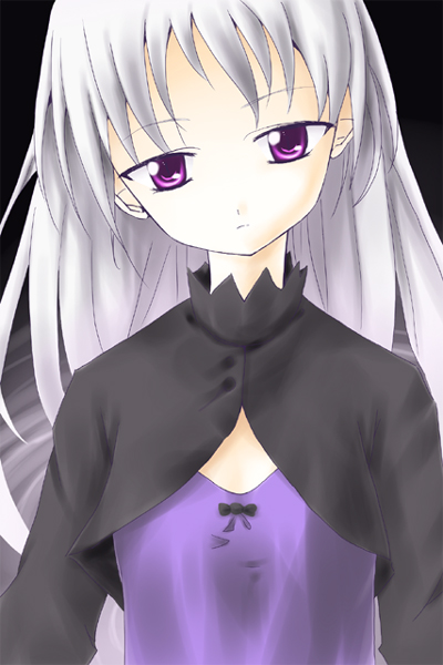 yin (darker than black), darker than black, 00s, 1girl, black background, dress, female focus, grey hair, hair down, head tilt, long hair, long sleeves, looking at viewer, ponytail, portrait, purple dress, purple eyes, ripples, solo, upper body, water, white hair