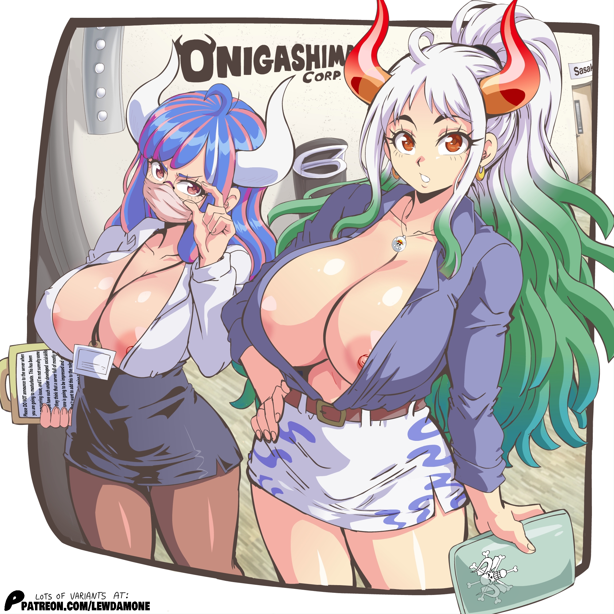 lewdamone, ulti (one piece), yamato (one piece), one piece, 2girls, adjusting eyewear, alternate costume, areola slip, blue hair, breasts, breasts out, cleavage, glasses, green hair, huge breasts, id card, large areolae, large breasts, looking at viewer, multicolored hair, multiple girls, nipple slip, nipples, no bra, office lady, white hair