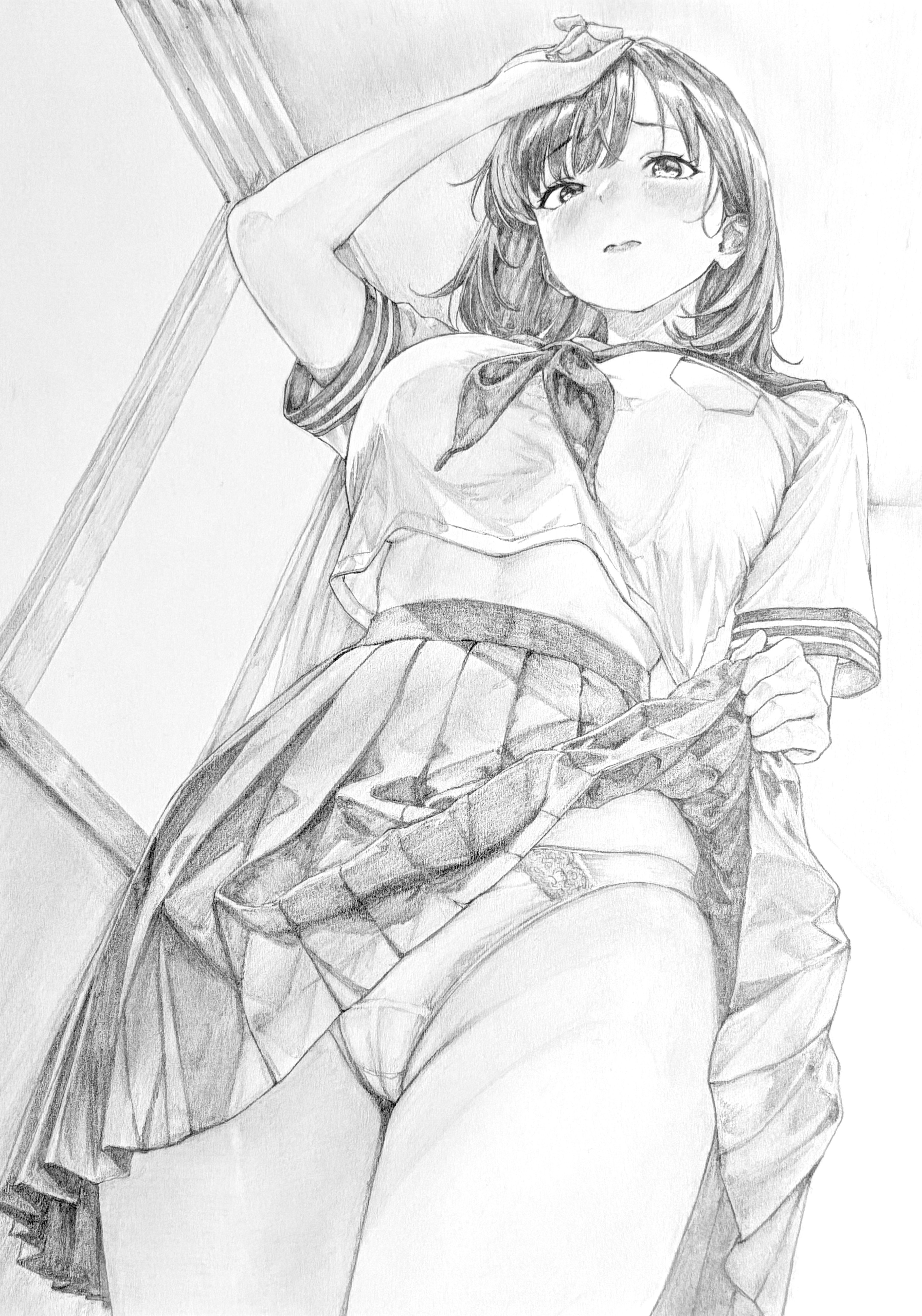 lensia, original, absurdres, commentary request, graphite (medium), highres, traditional media, 1girl, arm up, blush, breast pocket, breasts, cameltoe, closed mouth, clothes lift, cowboy shot, crop top, crop top overhang, crotch seam, from below, greyscale, hand on own forehead, indoors, large breasts, lifting own clothes, looking at viewer, looking down, medium hair, monochrome, neckerchief, panties, parted bangs, pleated skirt, pocket, raised inner eyebrows, school uniform, serafuku, short sleeves, skirt, skirt lift, solo, standing, underwear, window