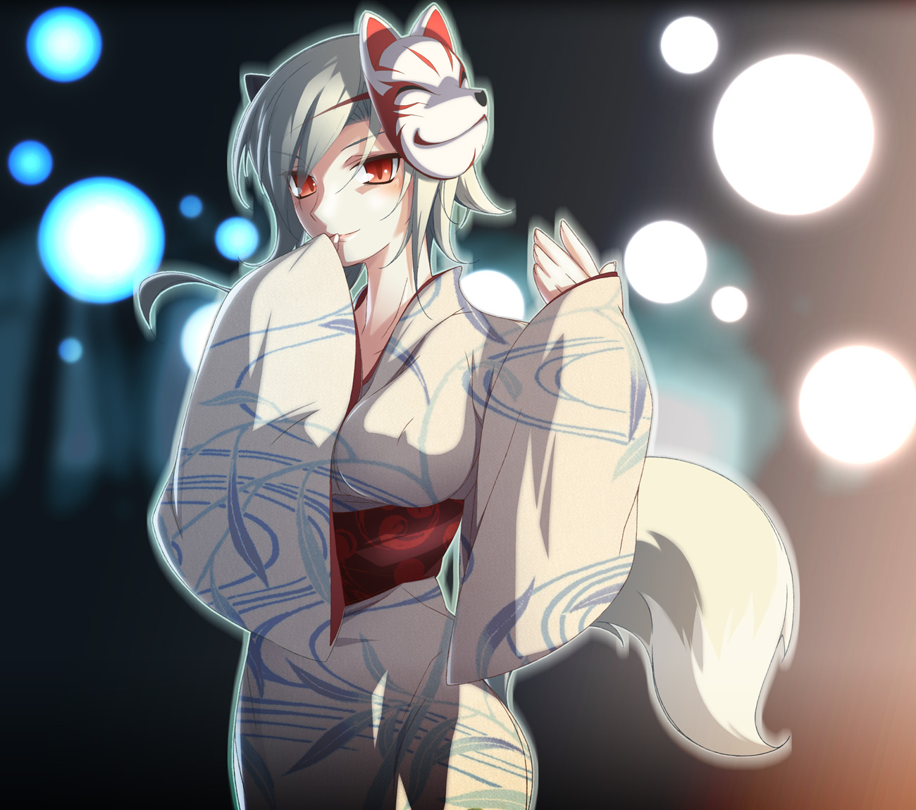 akinoko, original, silver hair, 1girl, animal ears, breasts, covered erect nipples, female focus, finger to mouth, fox, fox ears, fox mask, fox tail, japanese clothes, kimono, mask, medium breasts, red eyes, short hair, smile, solo, tail, yukata