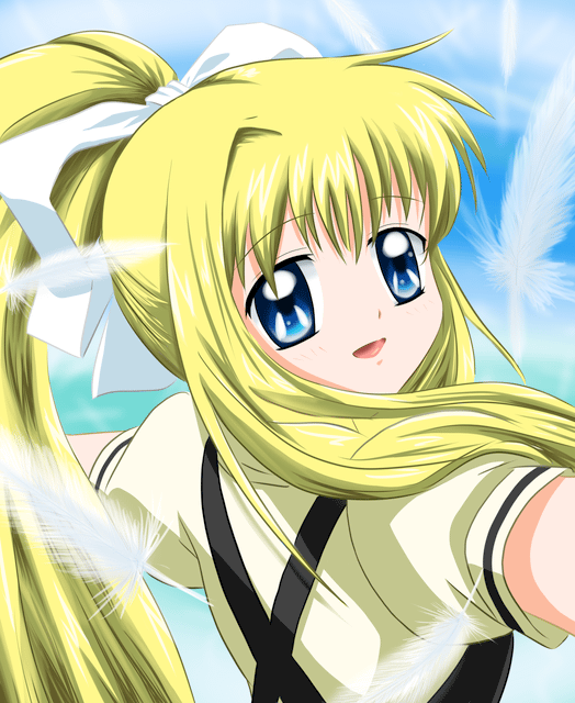 kamio misuzu, air (visual novel), 00s, blonde hair, blue eyes, bow, feathers, hair bow, long hair, looking back, ponytail, school uniform, sky