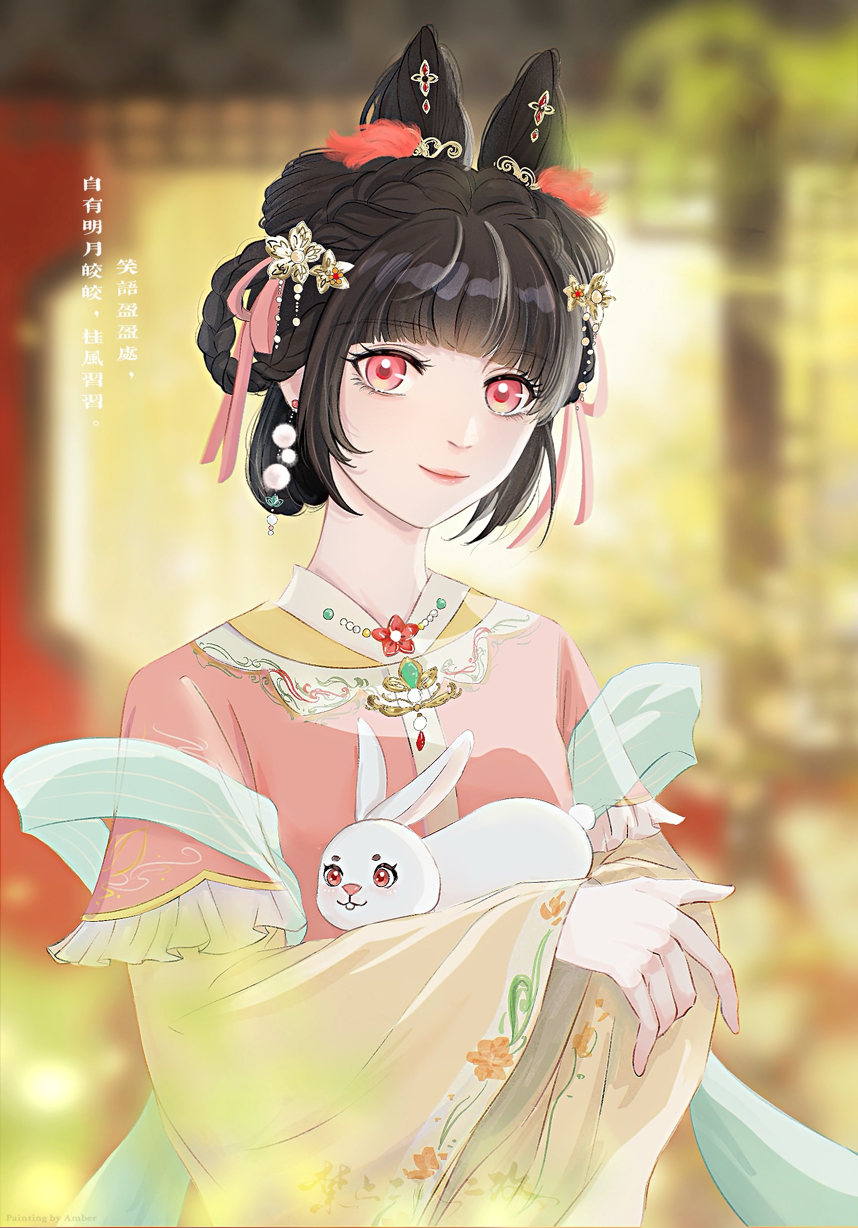 infinity nikki, nikki (series), chinese commentary, commentary request, highres, translation request, 1girl, animal, black hair, blunt bangs, blurry, blurry background, bow-shaped hair, braid, braided hair rings, brooch, chinese clothes, chinese text, closed mouth, crazygirlisme, day, double bun, earrings, eyelashes, feather hair ornament, feathers, floral print, flower, flower brooch, frilled sleeves, frills, gossamer moonfairy (infinity nikki), hagoromo, hair bun, hair flower, hair ornament, hair ribbon, hair rings, hanfu, happy, holding, holding animal, holding rabbit, indoors, jewelry, lattice, layered sleeves, light particles, lipstick, long sleeves, looking at viewer, makeup, pink eyes, pink hanfu, pink lips, pink ribbon, plant, pom pom (clothes), pom pom earrings, potted plant, rabbit, ribbon, shawl, short hair, short over long sleeves, short sleeves, sleeves past wrists, smile, solo, upper body, wide sleeves, yellow sleeves
