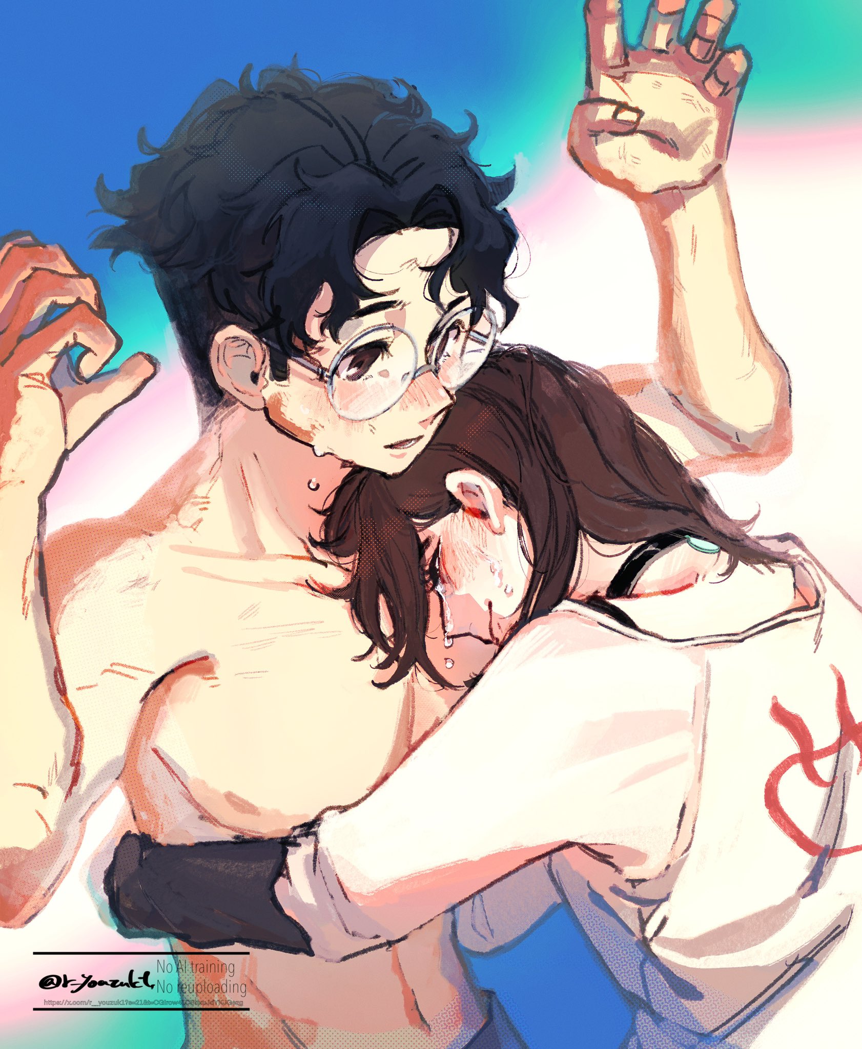 r youzuk1, ayase momo, takakura ken (dandadan), dandadan, highres, 1boy, 1girl, black choker, black hair, blush, brown eyes, brown hair, choker, collarbone, glasses, hands up, happy tears, head on another's chest, hug, leaning on person, official alternate costume, parted lips, round eyewear, shirt, short hair, tears, topless male, twitter username, upper body, white shirt