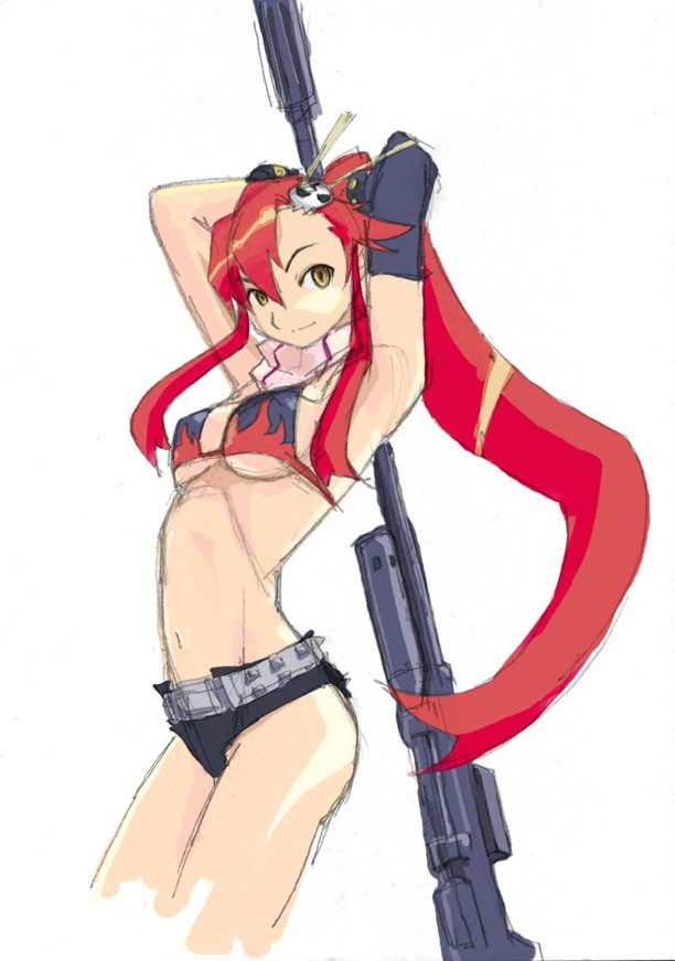 yoko littner, tengen toppa gurren lagann, 00s, bikini, bikini top only, gun, red hair, rifle, sniper rifle, swimsuit, weapon
