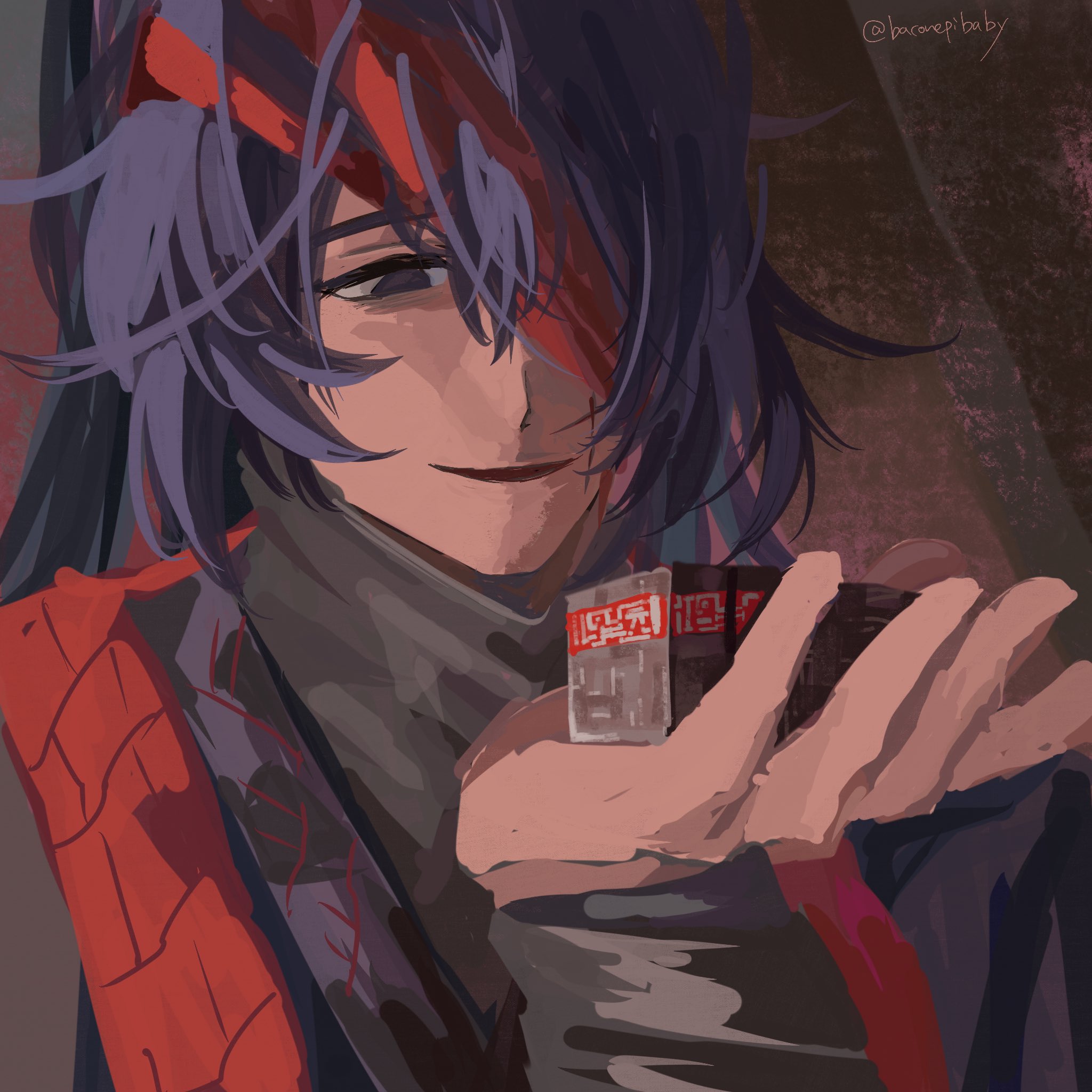 hong lu (project moon), limbus company, project moon, highres, 1boy, baconepibaby, bandage over one eye, black eyes, black hair, black hanfu, brown background, chinese clothes, family hierarch candidate (identity) (project moon), grin, hanfu, high ponytail, long hair, looking at object, male focus, ponytail, simple background, smile, solo, upper body
