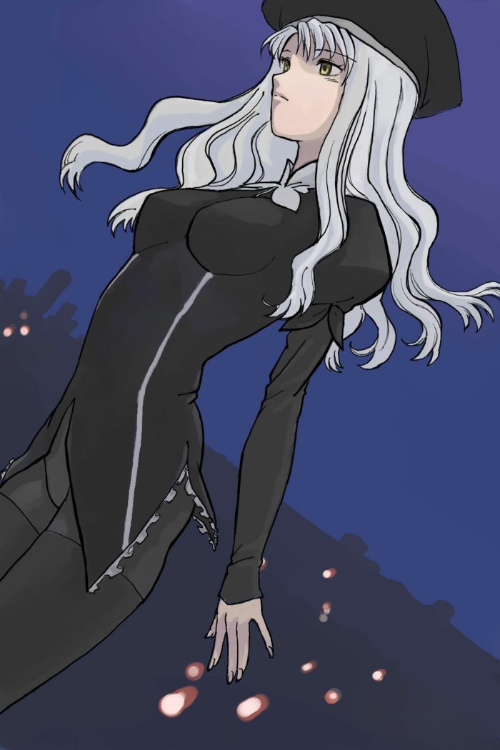 caren hortensia, fate/hollow ataraxia, fate/stay night, fate (series), 00s, fingernails, hat, layered sleeves, long fingernails, nail (hardware), panties, pantyhose, solo, thighhighs, underwear, white hair, yellow eyes