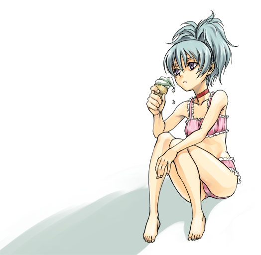 satou atsuki, yin (darker than black), darker than black, frilled swimsuit, 00s, barefoot, bikini, choker, dripping, feet, food, frills, ice cream, pink bikini, sitting, soft serve, swimsuit, tankini