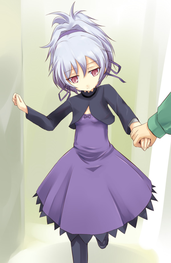 kuro (be ok), yin (darker than black), darker than black, 00s, 1girl, dress, holding hands, pantyhose, purple dress, solo focus