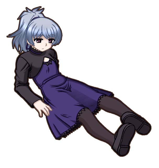 ooba kou, yin (darker than black), darker than black, 00s, 1girl, dress, female focus, full body, grey hair, long sleeves, ponytail, purple dress, simple background, solo, white background