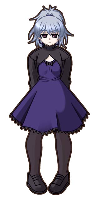 ooba kou, yin (darker than black), darker than black, 00s, 1girl, dress, female focus, full body, grey hair, long sleeves, ponytail, purple dress, simple background, solo, standing, white background