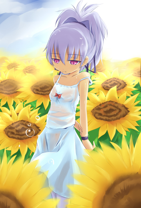 kuro (be ok), yin (darker than black), darker than black, silver hair, 00s, camisole, flower, hair ribbon, long hair, pink eyes, ponytail, ribbon, skirt, solo, strap slip, sunflower