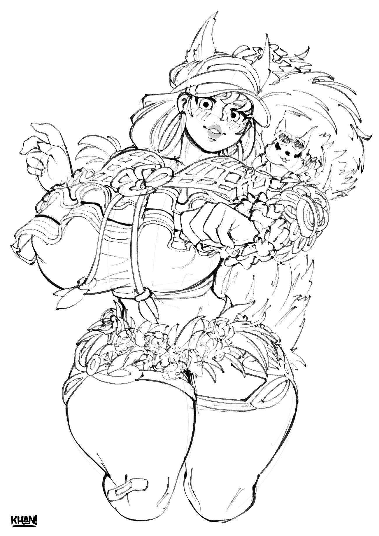 flatillustrator khan, squirrel girl (marvel), squirrel girl (sunshine squirrel) (marvel), marvel, marvel rivals, commentary, english commentary, highres, variant set, 1girl, 2025, alternate breast size (larger), animal ears, arm up, artist name, bandaged leg, bandages, blonde hair, blush, breasts, buck teeth, clenched hand, covered erect nipple, earrings, flower, frilled shirt, frills, hoop earrings, jewelry, large breasts, leaf, looking at viewer, navel, official alternate costume, purple flower, shirt, short shorts, shorts, simple background, solo, squirrel, squirrel ears, squirrel girl, squirrel tail, tail, teeth, visor cap, wet, white background, white nails