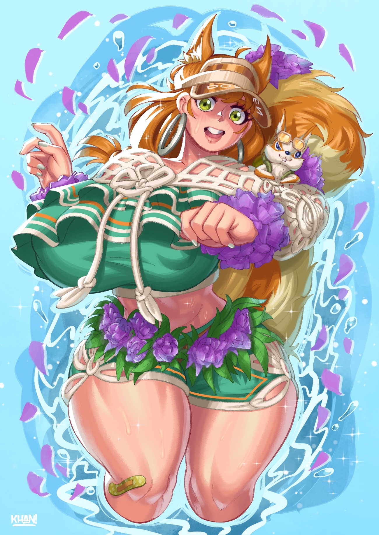 flatillustrator khan, squirrel girl (marvel), squirrel girl (sunshine squirrel) (marvel), marvel, marvel rivals, highres, variant set, 1girl, 2025, alternate breast size (larger), animal ears, arm up, artist name, bandaged leg, bandages, blonde hair, blue background, blush, breasts, brown tail, buck teeth, clenched hand, covered erect nipple, earrings, flower, frilled shirt, frills, green shorts, hoop earrings, jewelry, large breasts, leaf, looking at viewer, navel, official alternate costume, purple flower, shirt, short shorts, shorts, simple background, solo, squirrel, squirrel ears, squirrel girl, squirrel tail, tail, teeth, visor cap, wet, white nails