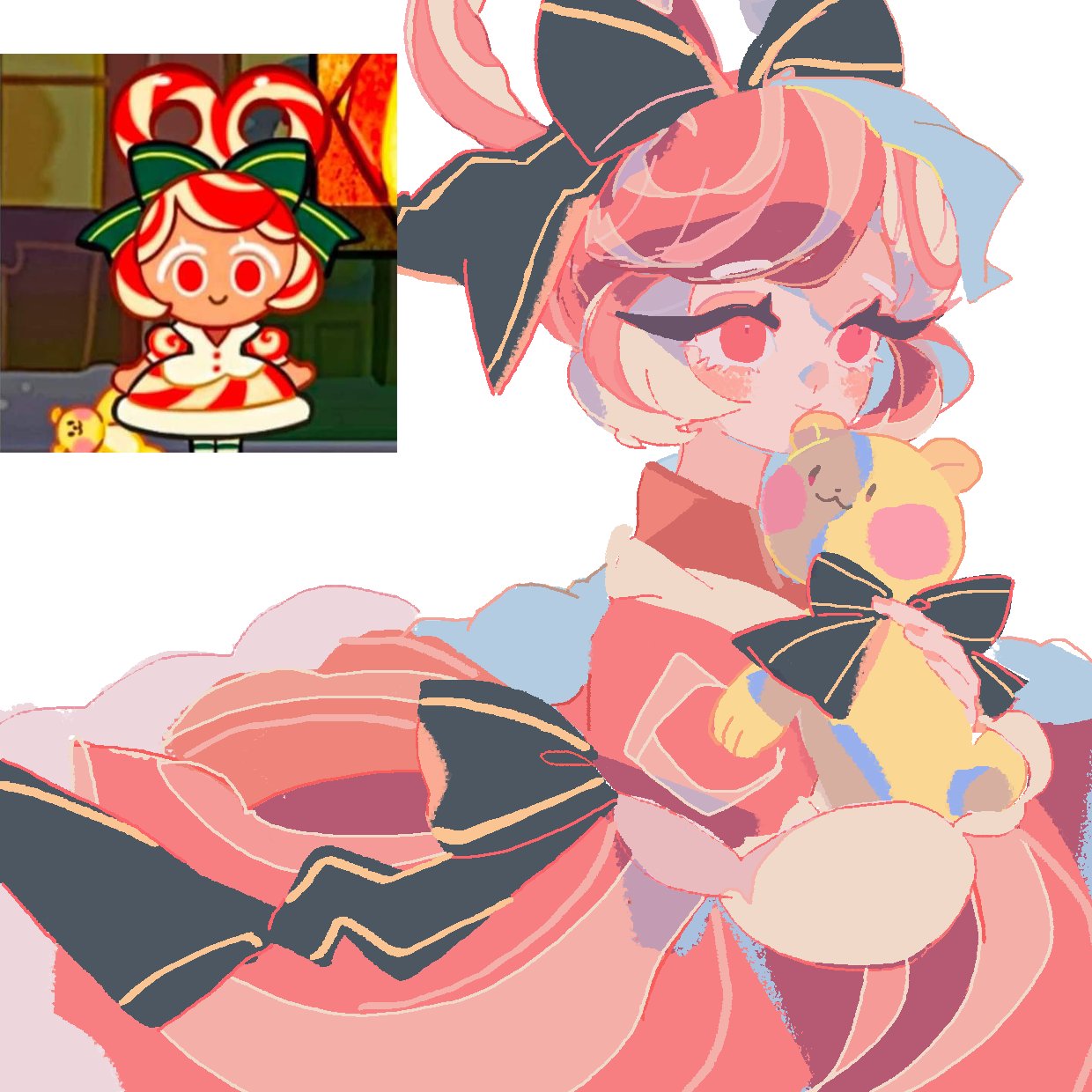 reed, cookie run, cookie run: ovenbreak, commentary, highres, symbol-only commentary, 1girl, back bow, black bow, bow, closed mouth, collared dress, dress, film grain, fur-trimmed dress, fur trim, game screenshot inset, hair bow, holding, holding stuffed toy, humanization, lollipop cookie, looking ahead, multicolored hair, puffy short sleeves, puffy sleeves, red dress, red eyes, red hair, reference inset, short sleeves, simple background, smile, solo, streaked hair, stuffed animal, stuffed toy, teddy bear, two-tone hair, white background, white hair