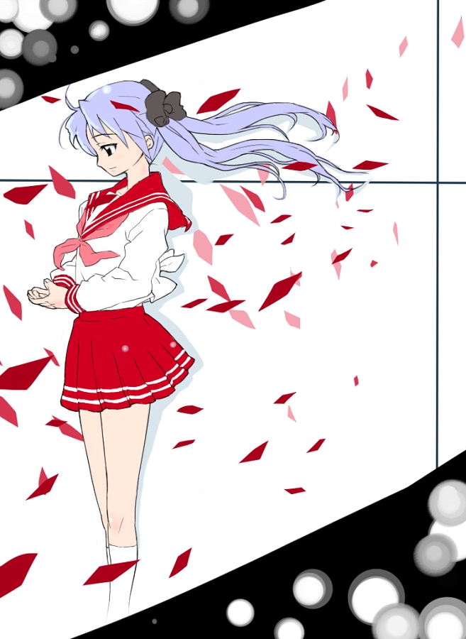 hiiragi kagami, lucky star, 00s, 1girl, female focus, floating hair, from side, full body, long sleeves, looking down, petals, pink hair, pleated skirt, profile, red skirt, rose petals, sailor collar, school uniform, serafuku, shirt, skirt, solo, standing, tsurime, white shirt