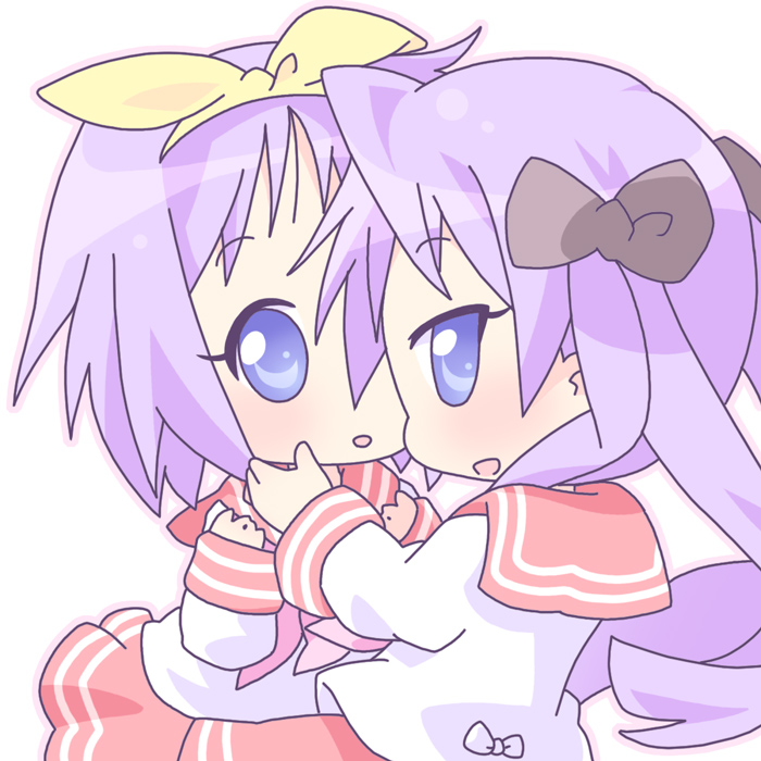 mirai (sugar), hiiragi kagami, hiiragi tsukasa, lucky star, 00s, 2girls, :d, :o, blush, chibi, evil smile, hug, long sleeves, looking back, multiple girls, open mouth, parted lips, pink eyes, pink hair, pleated skirt, red skirt, sailor collar, school uniform, serafuku, shirt, sisters, skirt, smile, tareme, tsurime, twins, twintails, white shirt