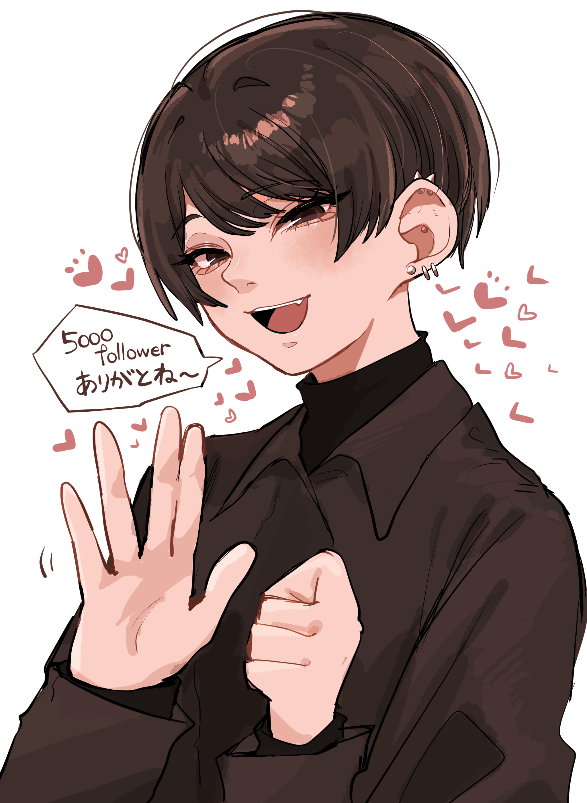 koucha (pankeki koucha), original, absurdres, highres, 1girl, :d, black shirt, brown eyes, brown hair, clenched hand, ear piercing, earrings, hand up, heart, jewelry, kuromitsu hana (koucha), long sleeves, milestone celebration, open mouth, piercing, shirt, short hair, simple background, smile, stud earrings, tomboy, white background