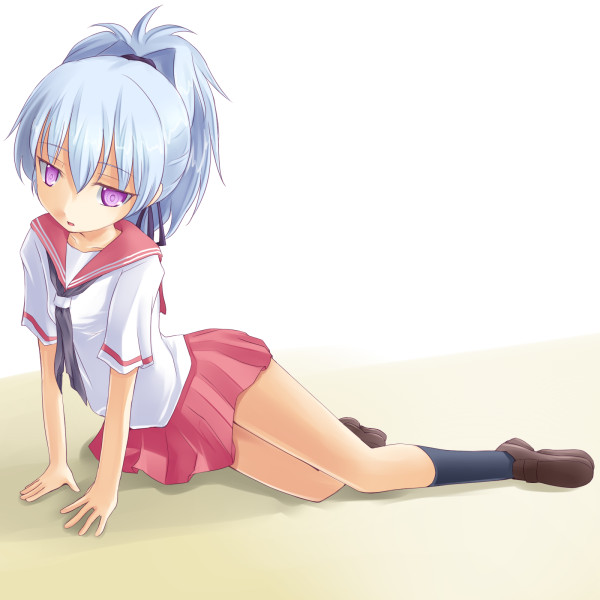 kuro (be ok), yin (darker than black), darker than black, black legwear, 00s, 1girl, arm support, blue hair, hair ribbon, long hair, ponytail, purple eyes, ribbon, ringed eyes, school uniform, serafuku, skirt, socks