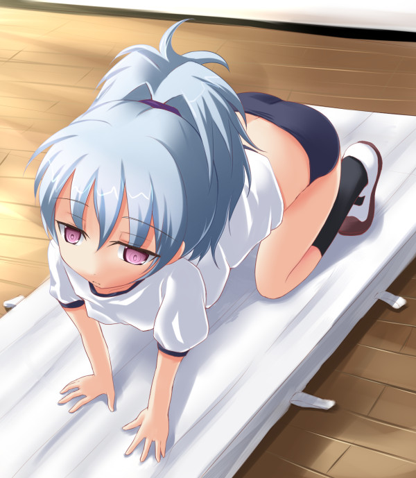kuro (be ok), yin (darker than black), darker than black, 00s, 1girl, all fours, bent over, female focus, gym uniform, long hair, solo, white hair
