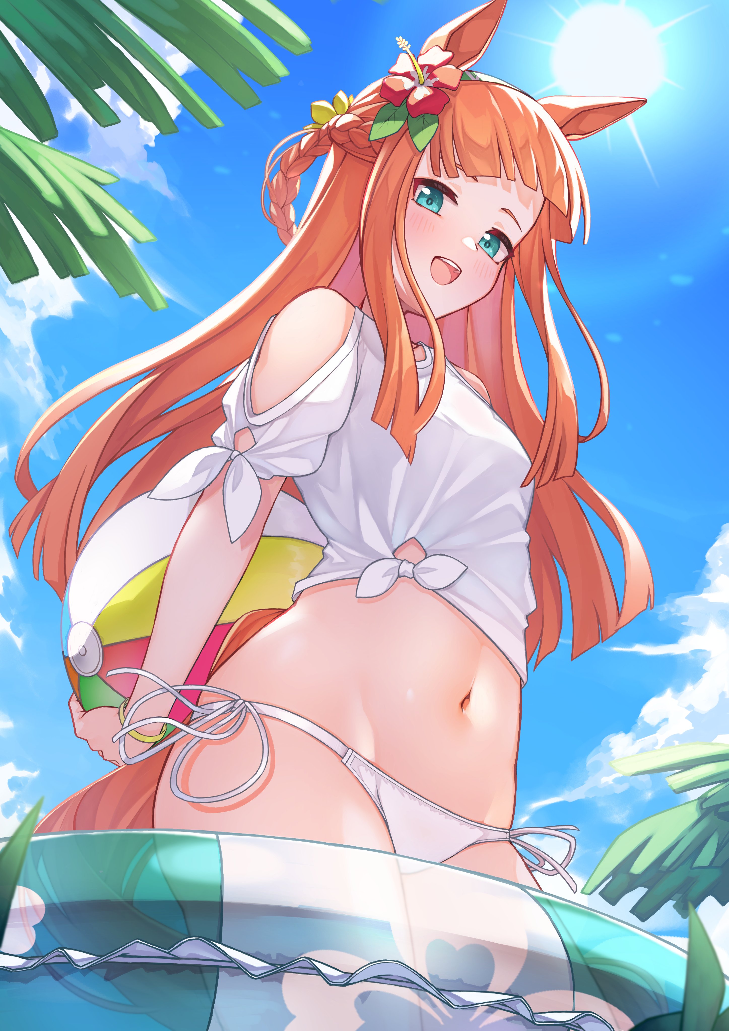iam (tetsu0ekaki), silence suzuka (umamusume), umamusume, absurdres, highres, 1girl, animal ears, ball, beachball, bikini, braid, breasts, clothing cutout, cloud, day, flower, green eyes, groin, hair flower, hair ornament, hibiscus, holding, holding ball, holding beachball, horse ears, horse girl, horse tail, innertube, long hair, looking at viewer, looking down, navel, open mouth, orange hair, outdoors, shirt, short sleeves, shoulder cutout, small breasts, smile, solo, standing, sun, swim ring, swimsuit, tail, tied shirt, white bikini, white shirt