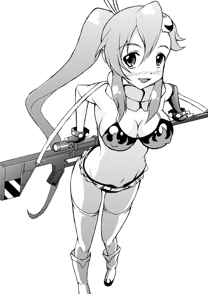 betanya, yoko littner, tengen toppa gurren lagann, 00s, 1girl, bikini, bikini top only, blush, boots, breasts, cleavage, female focus, gun, hair ornament, long hair, looking at viewer, monochrome, open mouth, rifle, sketch, smile, solo, standing, swimsuit, thighhighs, weapon