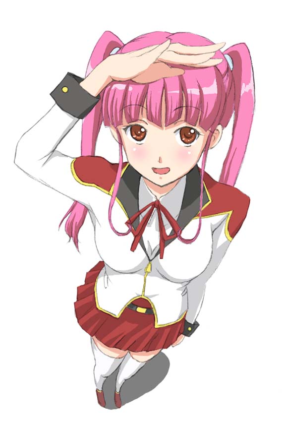 betanya, kayanuma kiko, darker than black, 00s, 1girl, female focus, from above, full body, pink hair, red skirt, simple background, skirt, solo, standing, thighhighs, twintails, white background, white thighhighs