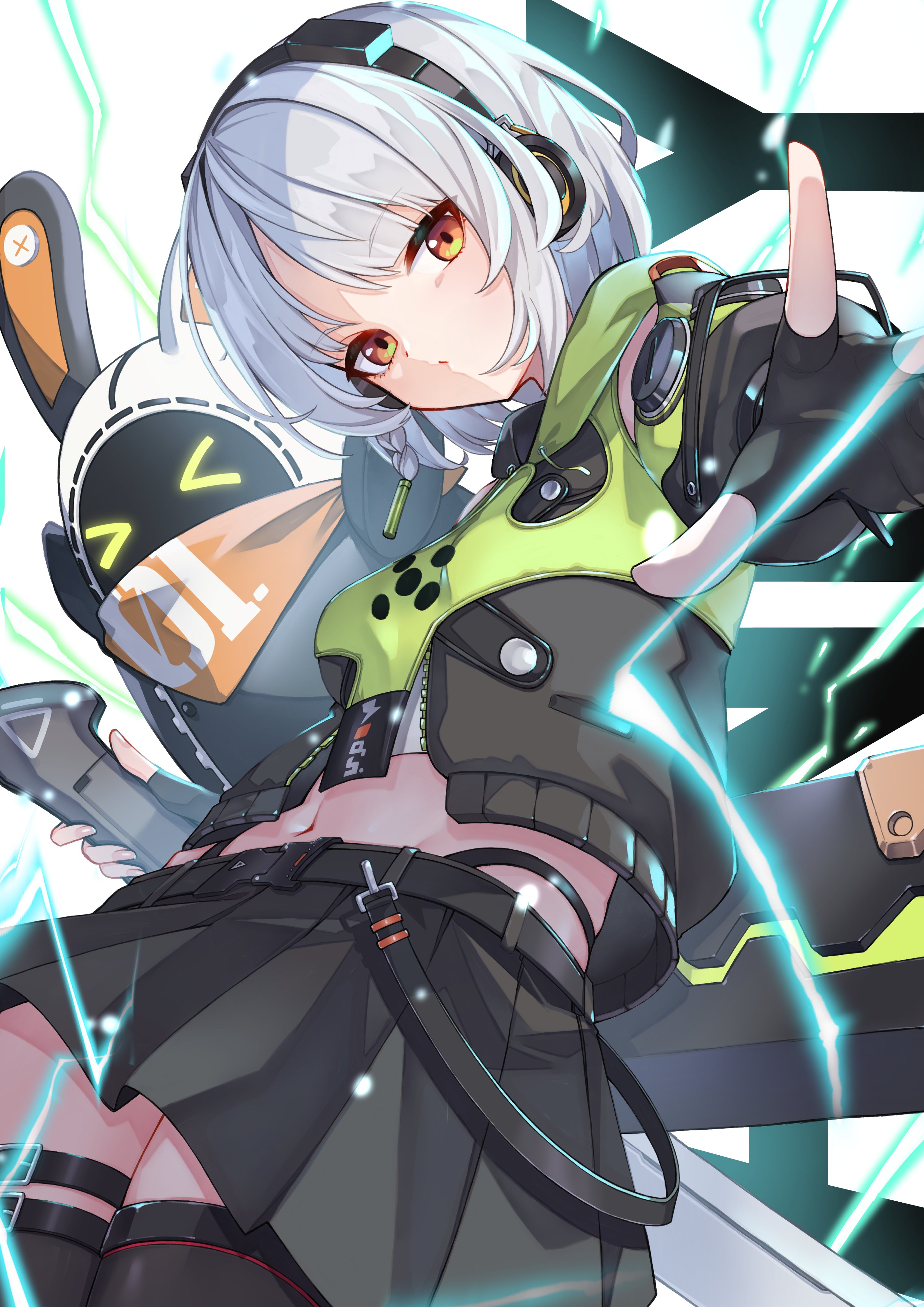 iam (tetsu0ekaki), anby demara, bangboo (zenless zone zero), zenless zone zero, absurdres, highres, 1girl, black gloves, black skirt, black thighhighs, breasts, detached sleeves, electricity, fingerless gloves, gloves, grey hair, head tilt, headphones, holding, holding sword, holding weapon, looking at viewer, midriff, navel, orange eyes, short hair, skirt, sleeveless, sleeveless jacket, small breasts, solo, sword, thigh strap, thighhighs, weapon