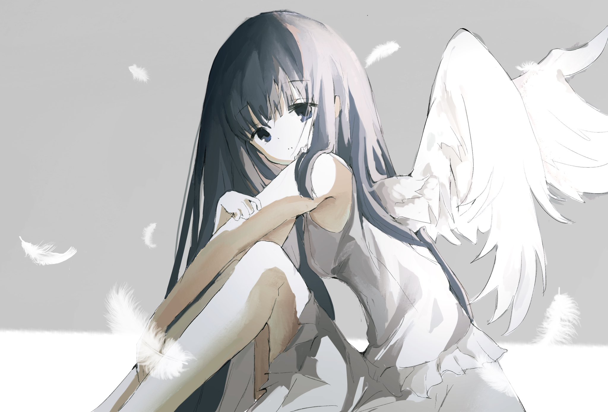 shiro rei419, takashima zakuro, subarashiki hibi, commentary, highres, 1girl, alternate costume, angel, angel wings, backlighting, black hair, blue eyes, blunt bangs, camisole, falling feathers, feathered wings, feathers, feet out of frame, frilled skirt, frills, from side, grey background, hair over shoulder, knees up, leaning forward, long hair, looking at viewer, parted lips, sidelocks, simple background, sitting, sketch, skirt, solo, straight hair, very long hair, white camisole, white feathers, white skirt, white wings, wings