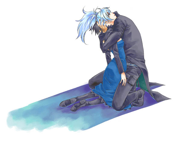 110uiiou, hei (darker than black), yin (darker than black), darker than black, silver hair, 00s, 1boy, 1girl, arm behind head, black hair, black pantyhose, blue dress, blue hair, coat, couple, dress, hand on another's head, hetero, hug, kneeling, looking up, pantyhose, ponytail, shoes, simple background