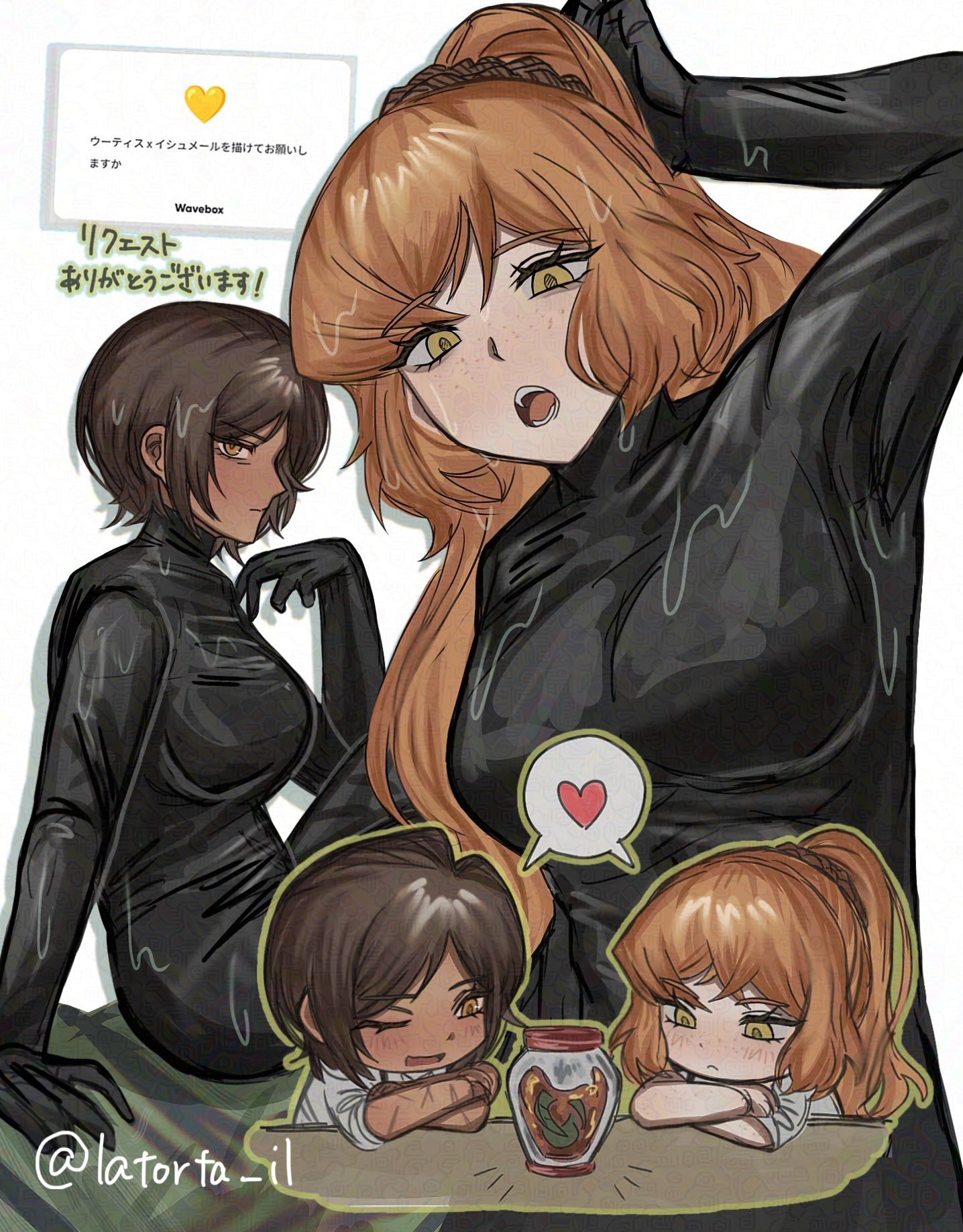 latorta il, ishmael (project moon), outis (project moon), limbus company, project moon, highres, 2girls, :o, black wetsuit, breasts, brown hair, chibi, chibi inset, dark-skinned female, dark skin, freckles, green eyes, heart, long hair, long sleeves, looking at viewer, molar boatworks (identity) (project moon), molar office (identity) (project moon), multiple girls, multiple scars, one eye closed, orange hair, ponytail, scar, short hair, simple background, sitting, spoken heart, standing, upper body, very long hair, white background, yellow eyes