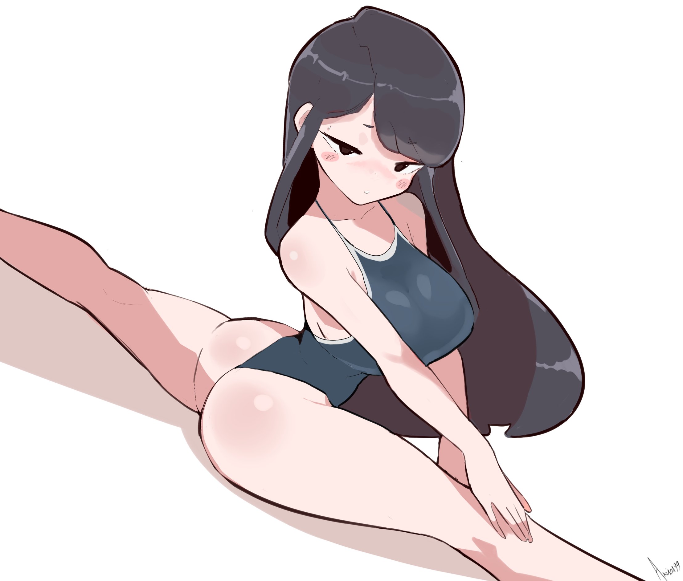 akisas99, komi shouko, komi-san wa komyushou desu, highres, 1girl, black eyes, black hair, breasts, large breasts, long hair, looking at viewer, one-piece swimsuit, simple background, solo, split, swimsuit