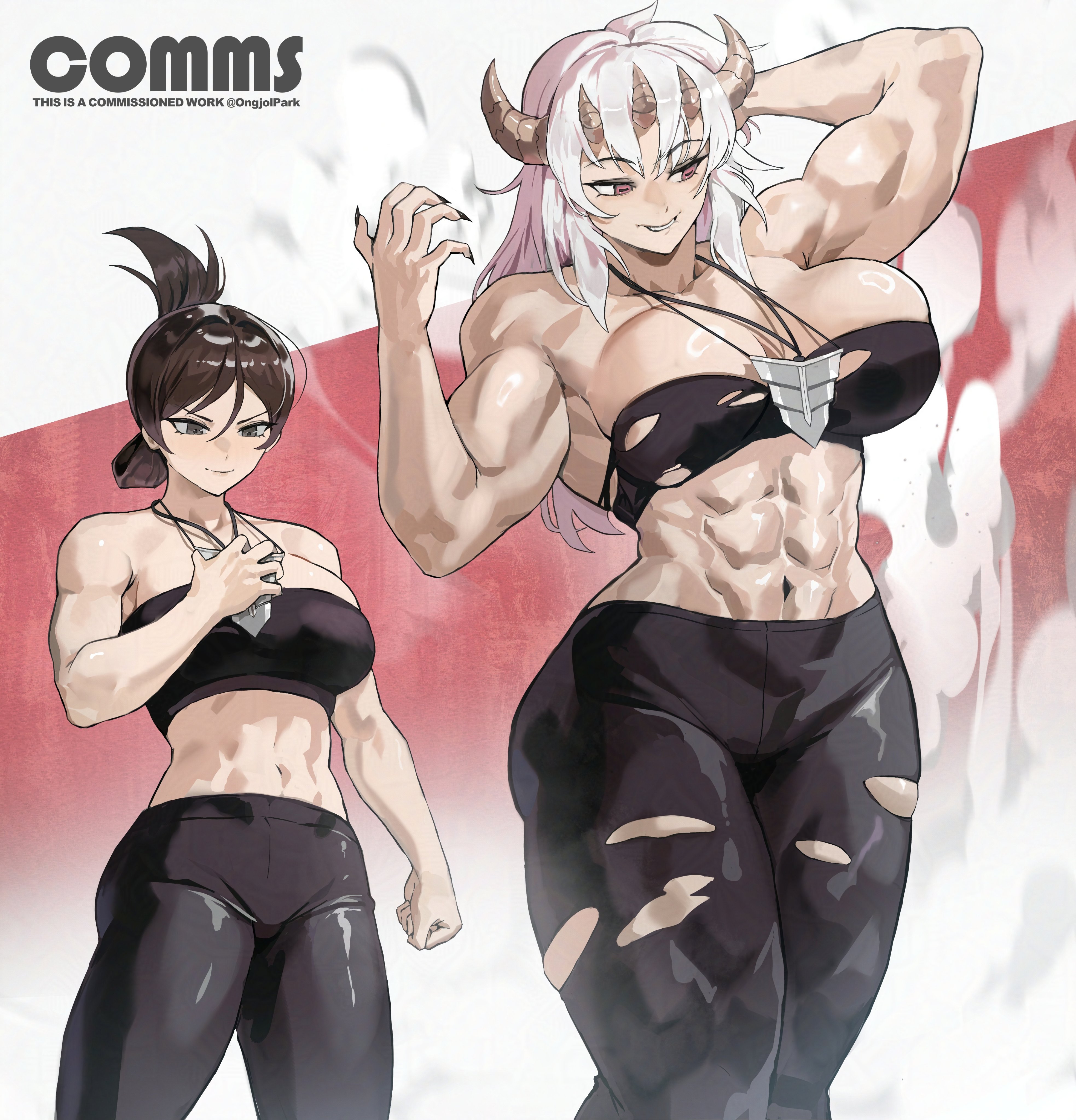park ongjol, original, absurdres, character request, commentary, commentary request, commission, english commentary, highres, 2girls, abs, bandeau, bare arms, bare shoulders, biceps, biting own lip, black bandeau, black hair, black nails, black pants, borrowed character, breasts, brown eyes, brown hair, clenched hand, closed mouth, cowboy shot, fingernails, folded ponytail, grey eyes, hand on own head, holding pendant, horizontal pupils, horns, jewelry, large breasts, long hair, midriff, multiple girls, multiple horns, muscular, muscular female, navel, pants, pendant, red eyes, sharp fingernails, smile, standing, stomach, torn bandeau, torn clothes, torn pants, tsurime, white hair, yoga pants