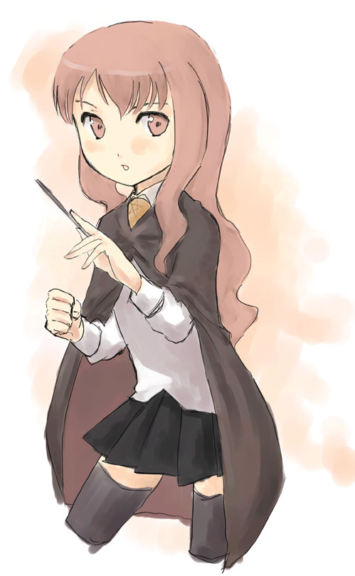 yamamoto shima, louise francoise le blanc de la valliere, zero no tsukaima, 00s, 1girl, black skirt, black thighhighs, cape, cloak, female focus, flat chest, holding, holding wand, holding weapon, looking at viewer, pleated skirt, shirt, skirt, solo, standing, thighhighs, wand, weapon, white shirt, zettai ryouiki
