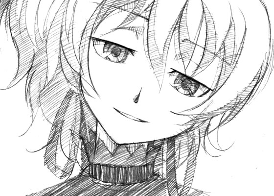 gofu, yin (darker than black), darker than black, 00s, long hair, monochrome, ponytail, sketch, smile