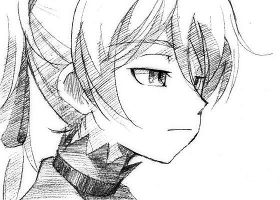 gofu, yin (darker than black), darker than black, traditional media, 00s, 1girl, female focus, greyscale, monochrome, simple background, sketch, solo