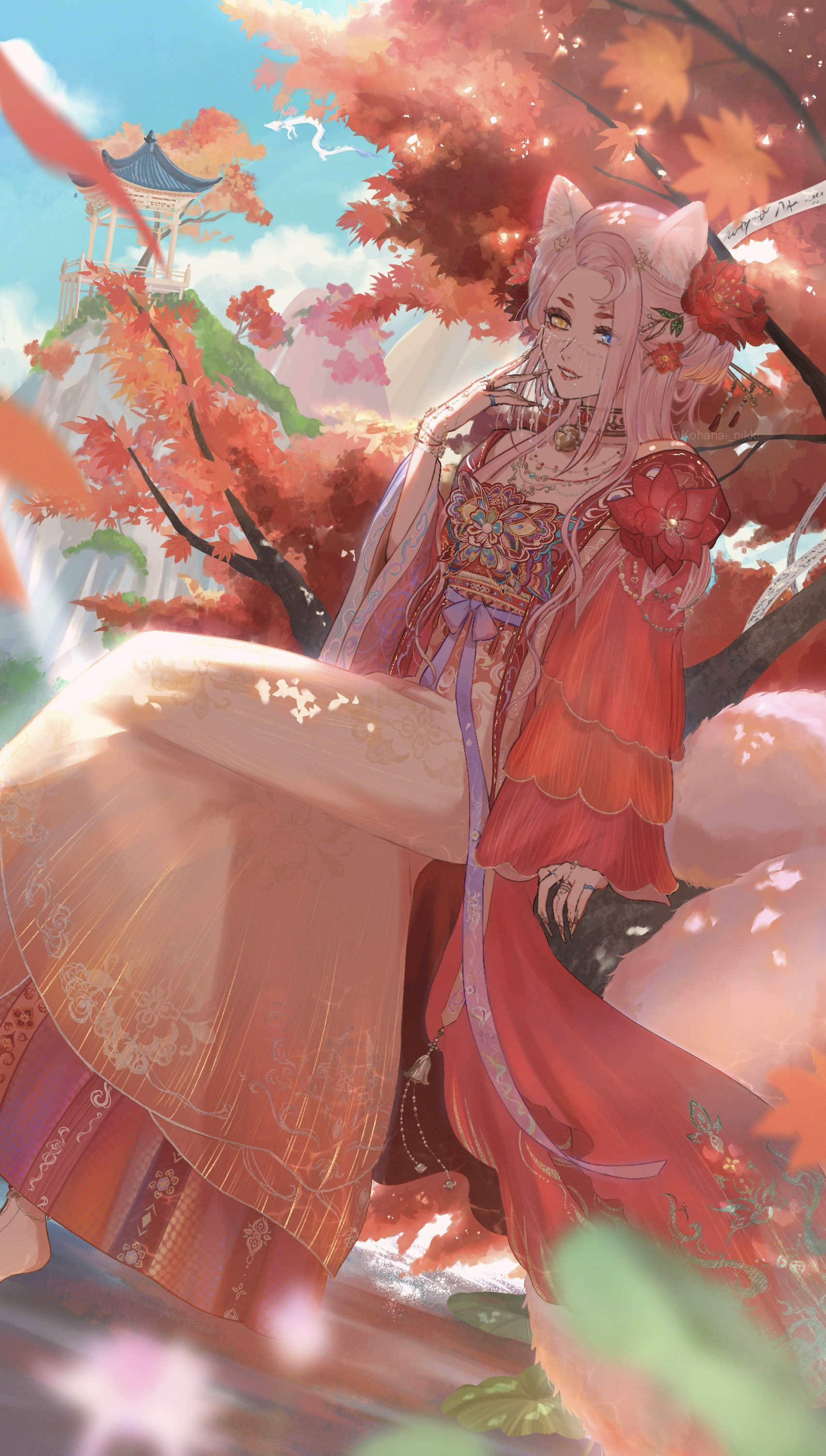 kohanai setsuna, white loong (infinity nikki), infinity nikki, nikki (series), absurdres, commentary request, highres, 1girl, animal ear fluff, animal ears, animal print, autumn, barefoot, barefoot sandals (jewelry), bell, blue eyes, bow, butterfly print, choker, crossed legs, dappled sunlight, day, double bun, dragon, eastern dragon, fake nails, fingernails, floral print, flower, forever bond (infinity nikki), fox ears, fox girl, fox tail, full body, gold choker, hair bun, hair flower, hair ornament, hand on own cheek, hand on own face, heterochromia, jewelry, lipstick, long hair, long sleeves, lotus, makeup, mountain, neck bell, necklace, open mouth, orange hanfu, outdoors, pavilion, pink hair, purple bow, red flower, red lips, red robe, robe, sharp fingernails, sidelocks, sitting, sleeves past wrists, solo, sunlight, tail, teeth, tree, very long hair, waist bow, wide sleeves, yellow eyes