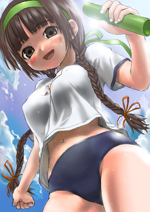 asanagi, shimazu yoshino, maria-sama ga miteru, 00s, 1girl, braid, breasts, brown eyes, brown hair, buruma, covered erect nipples, day, female focus, gym uniform, hair over shoulder, hairband, large breasts, long hair, sky, solo, sweat, twin braids