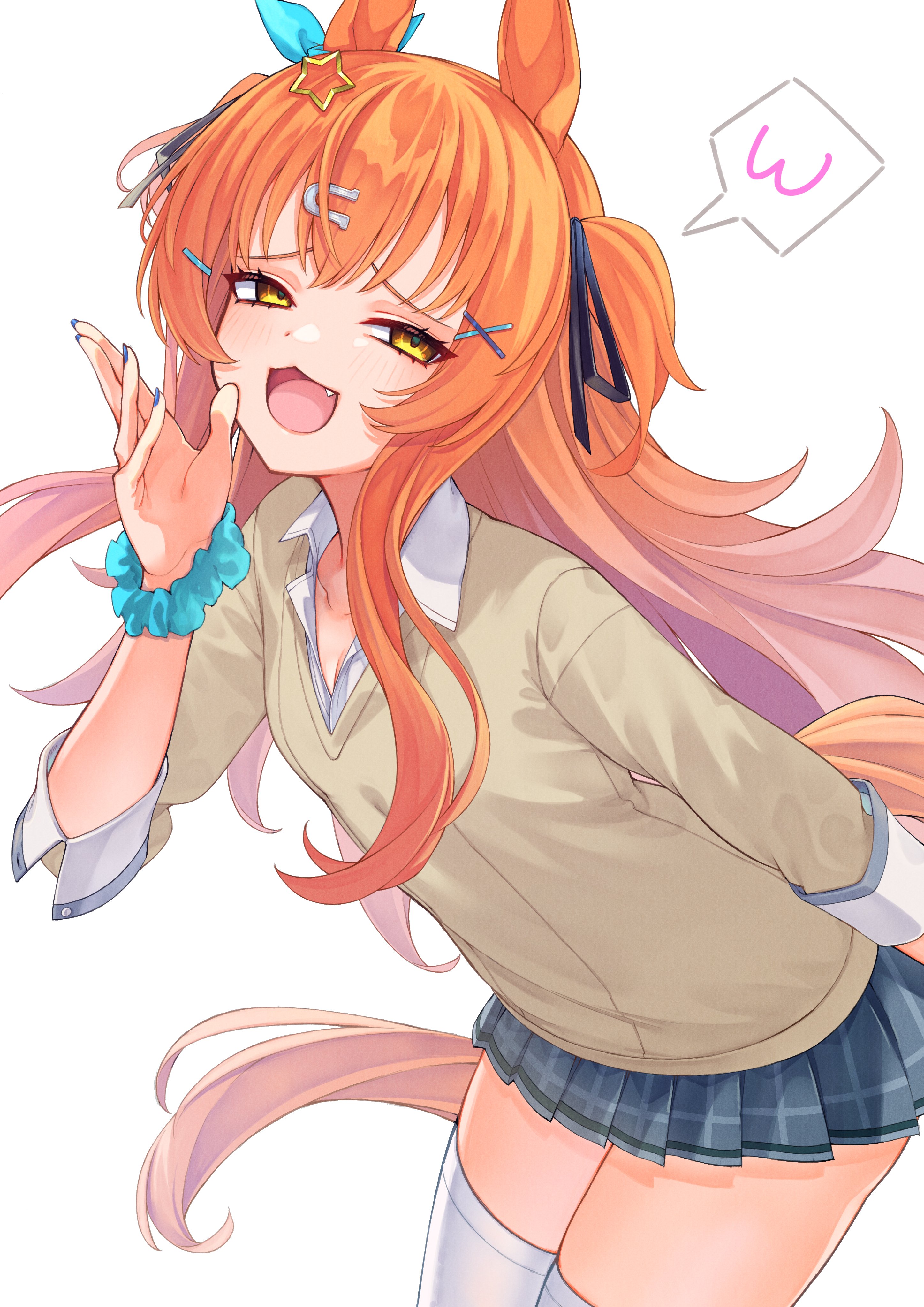 iam (tetsu0ekaki), mayano top gun (umamusume), umamusume, absurdres, commentary request, highres, 1girl, :3, alternate costume, animal ears, blue nails, blush, bow, brown shirt, collared shirt, doyagao, ear bow, fang, flat chest, hair ornament, hairclip, half-closed eyes, horse ears, horse girl, horse tail, leaning forward, looking at viewer, mesugaki, miniskirt, open mouth, orange hair, pleated skirt, raised eyebrows, scrunchie, shirt, shirt under shirt, simple background, skirt, smile, smug, solo, speech bubble, star (symbol), star hair ornament, tail, thighhighs, two side up, v-neck, white background, white shirt, white thighhighs, wrist scrunchie, x hair ornament, yellow eyes