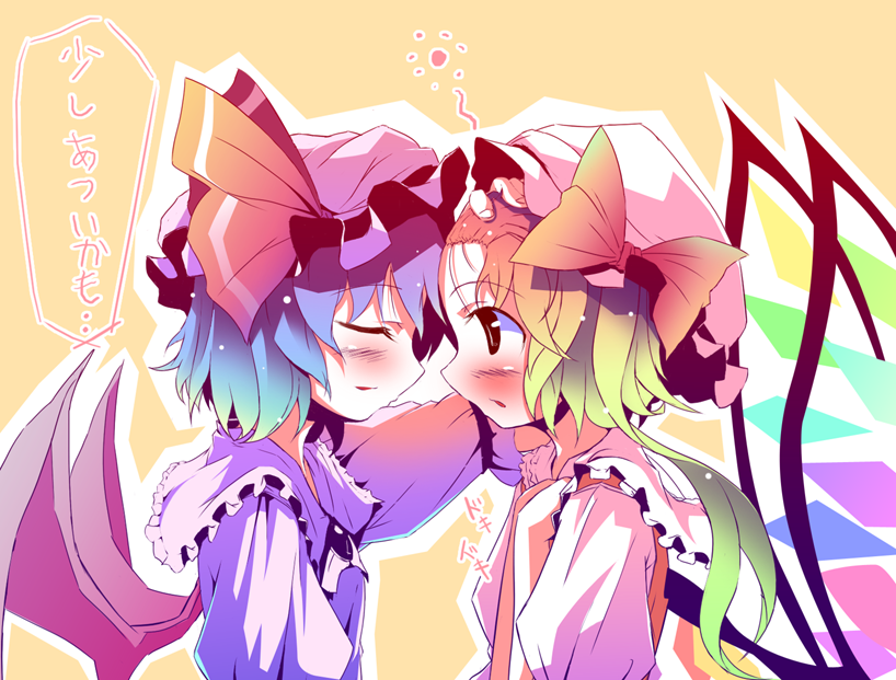takahero, flandre scarlet, remilia scarlet, touhou, translated, 2girls, bat wings, blonde hair, blue hair, blush, bonnet, brown eyes, closed eyes, female focus, hat, mob cap, multiple girls, pink hat, ponytail, siblings, sisters, wings