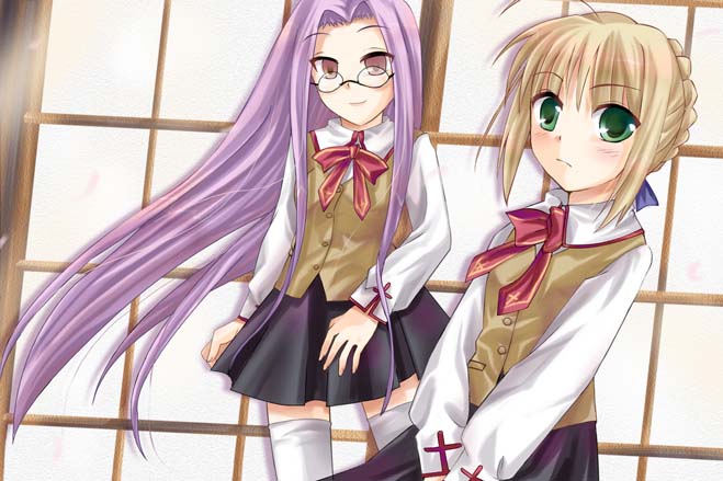 artoria pendragon (fate), saber (fate), fate/stay night, fate (series), 00s, bow, glasses, green eyes, purple hair, school uniform, serafuku, thighhighs