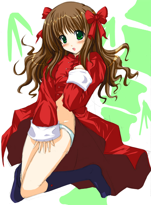 hagane soushi, arima miyako, melty blood, tsukihime, type-moon, 00s, blush, bow, brown hair, chinese clothes, green eyes, hair ribbon, long hair, panties, ribbon, socks, solo, underwear