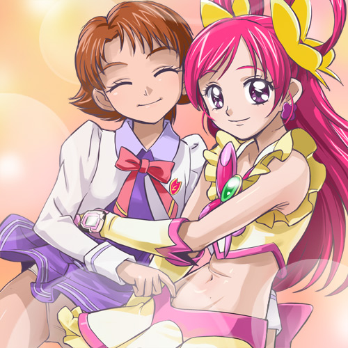 haruyama kazunori, cure dream, natsuki rin, yumehara nozomi, precure, yes! precure 5, lowres, 00s, 2girls, bow, brown hair, clothes lift, gloves, hip focus, midriff, multiple girls, panties, pink hair, purple eyes, school uniform, serafuku, skirt, skirt lift, smile, underwear, watch, yuri