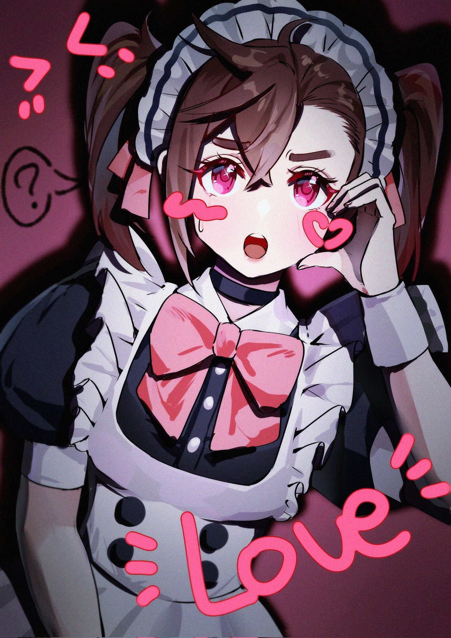 tiemoww, ayase momo, dandadan, commentary, highres, 1girl, ?, apron, black choker, black dress, bow, bowtie, brown hair, choker, crossed bangs, drawn blush, drawn heart, dress, frilled hairband, frills, hair between eyes, hair ribbon, hairband, heart, looking at viewer, maid, maid apron, maid headdress, official alternate costume, open mouth, pink bow, pink bowtie, pink eyes, pink ribbon, puffy short sleeves, puffy sleeves, ribbon, short hair, short sleeves, solo, spoken question mark, sweatdrop, twintails, upper body, white apron, wrist cuffs
