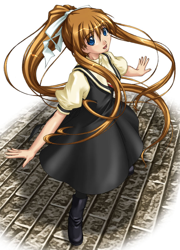 karin tou, kamio misuzu, air (visual novel), 00s, 1girl, blonde hair, blue eyes, boots, bow, female focus, full body, hair bow, long hair, looking up, ponytail, school uniform, solo, very long hair