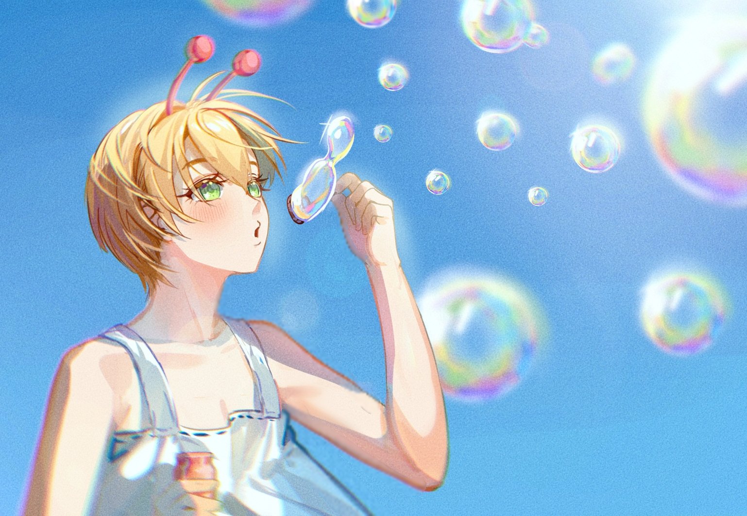 tiemoww, vamola (dandadan), dandadan, commentary, symbol-only commentary, 1girl, alien, alternate costume, antennae, bare shoulders, blonde hair, blue sky, blush, bottle, bubble, collarbone, dress, green eyes, holding, holding bottle, outdoors, puckered lips, short hair, sky, solo, upper body, white dress