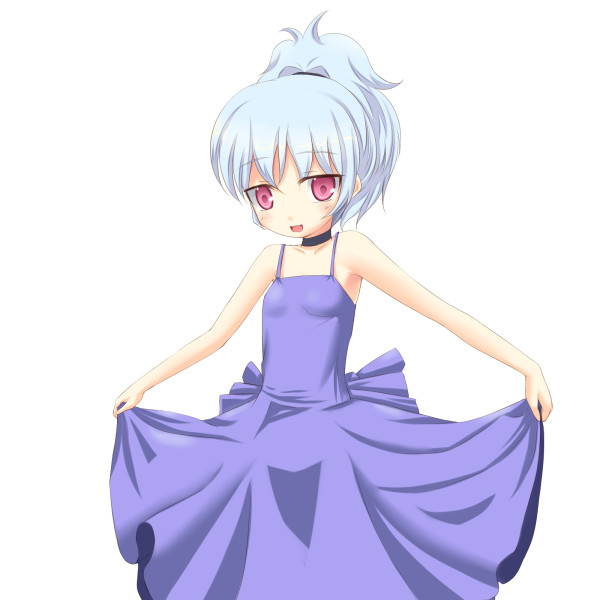 kuro (be ok), yin (darker than black), darker than black, 00s, 1girl, choker, dress, female focus, grey hair, maroon eyes, ponytail, purple dress, simple background, solo, standing, white background