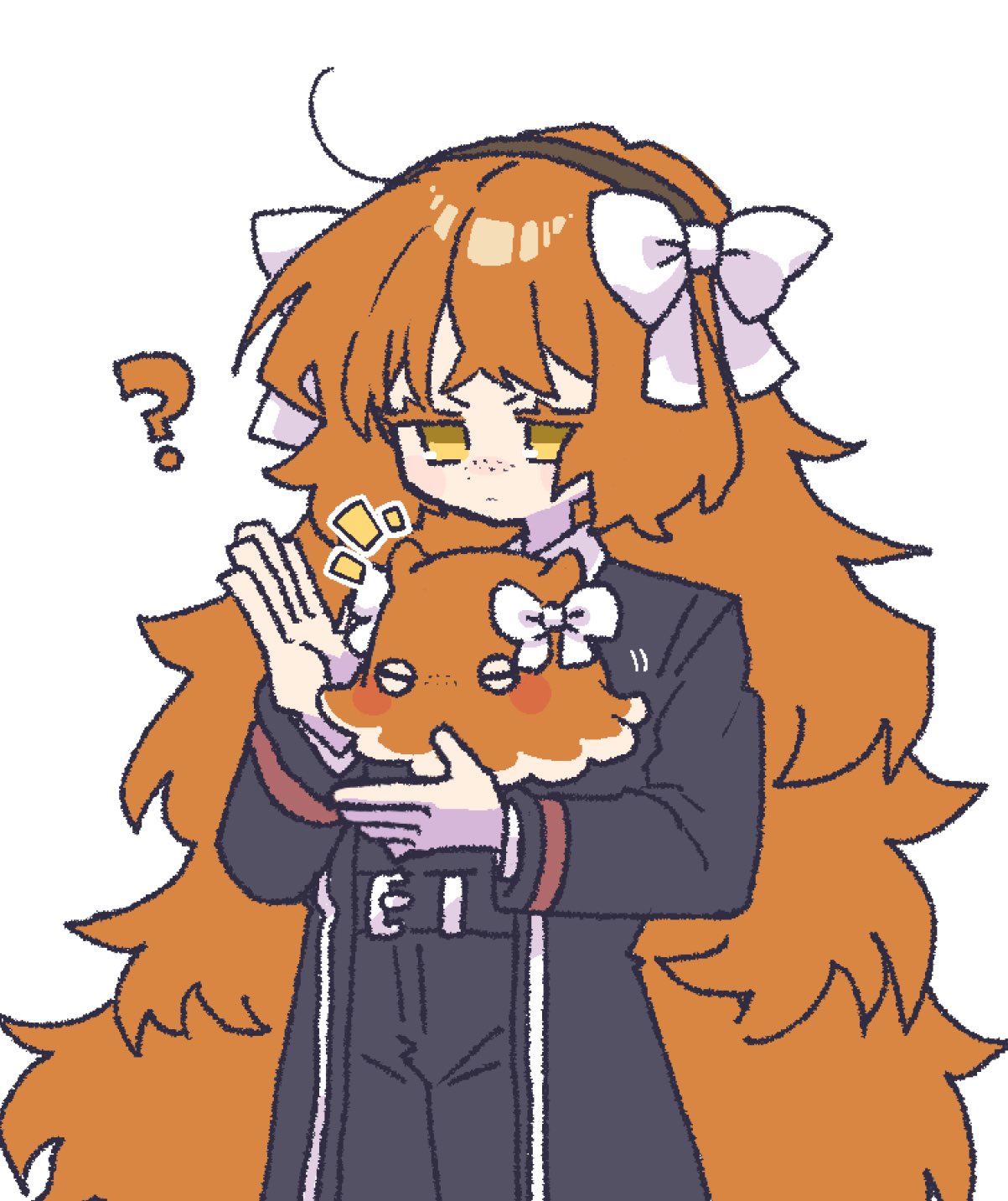 nantekottawo!!, ishmael (project moon), limbus company, project moon, highres, 1girl, black coat, black pants, bow, coat, collared shirt, freckles, hair bow, long hair, long sleeves, looking at animal, octopus, orange hair, pants, shirt, simple background, solo, standing, upper body, very long hair, white background, white bow, white shirt, yellow eyes